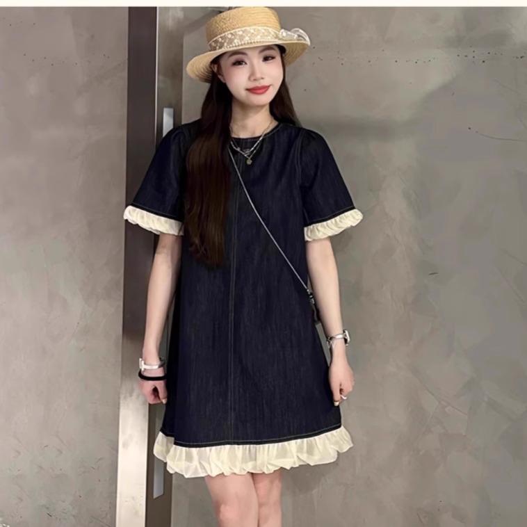 

Миди-платье А-силуэта в европейском стиле с оборкой и рукавами из сетки в стиле пэчворк - Женская летняя коллекция 2025 XL темно-синий