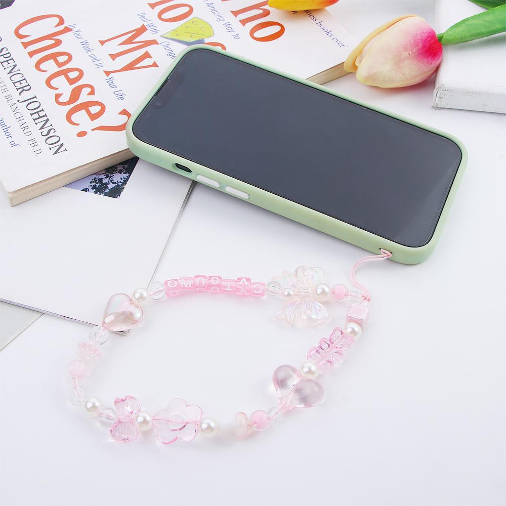 Chain Pendant Pink Acrylic Beaded Wrist Hand Lanyard Mobile Phone Straps Hand Strap Phone Charm
