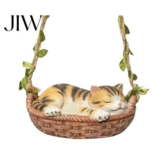 Realistic Sleeping Cat Figure Hanging Basket Statue, Cute Kitten Figurine, Lifelike Figurine for Trees Resin Ornament Outdoor Garden Patio Porch