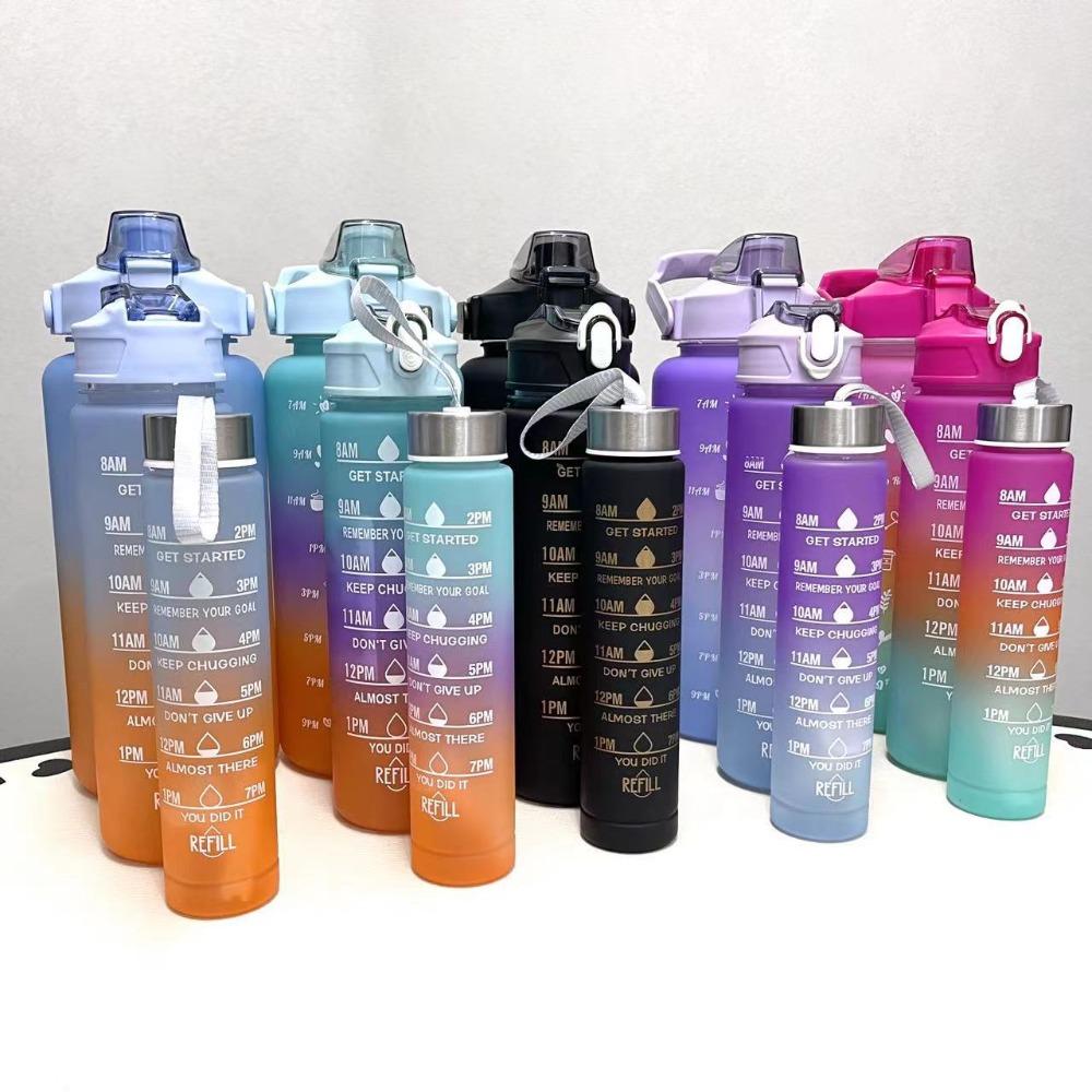 3Pcs Set Large Capacity Gradient Color Sport Water Bottle Plastic with Time Marker Gym Straw Cup Leakproof Water Cup School