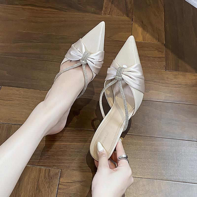 Women's Block Heel Sandals 2025 Summer Satin Pointed Toe Rhinestone High Heels Fashionable Slip On Mules