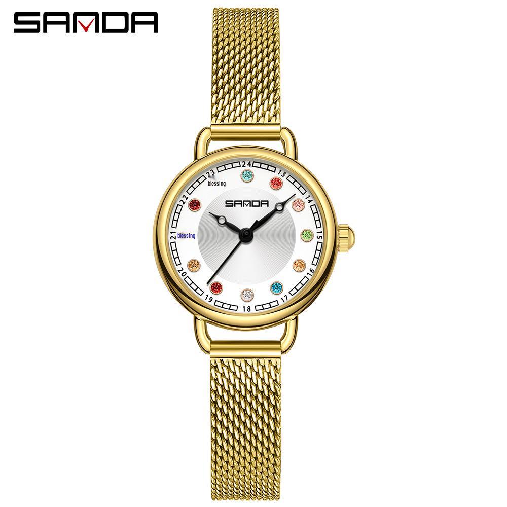 Sanda Women's Retro Rhinestone Quartz Watch - Elegant Green Design