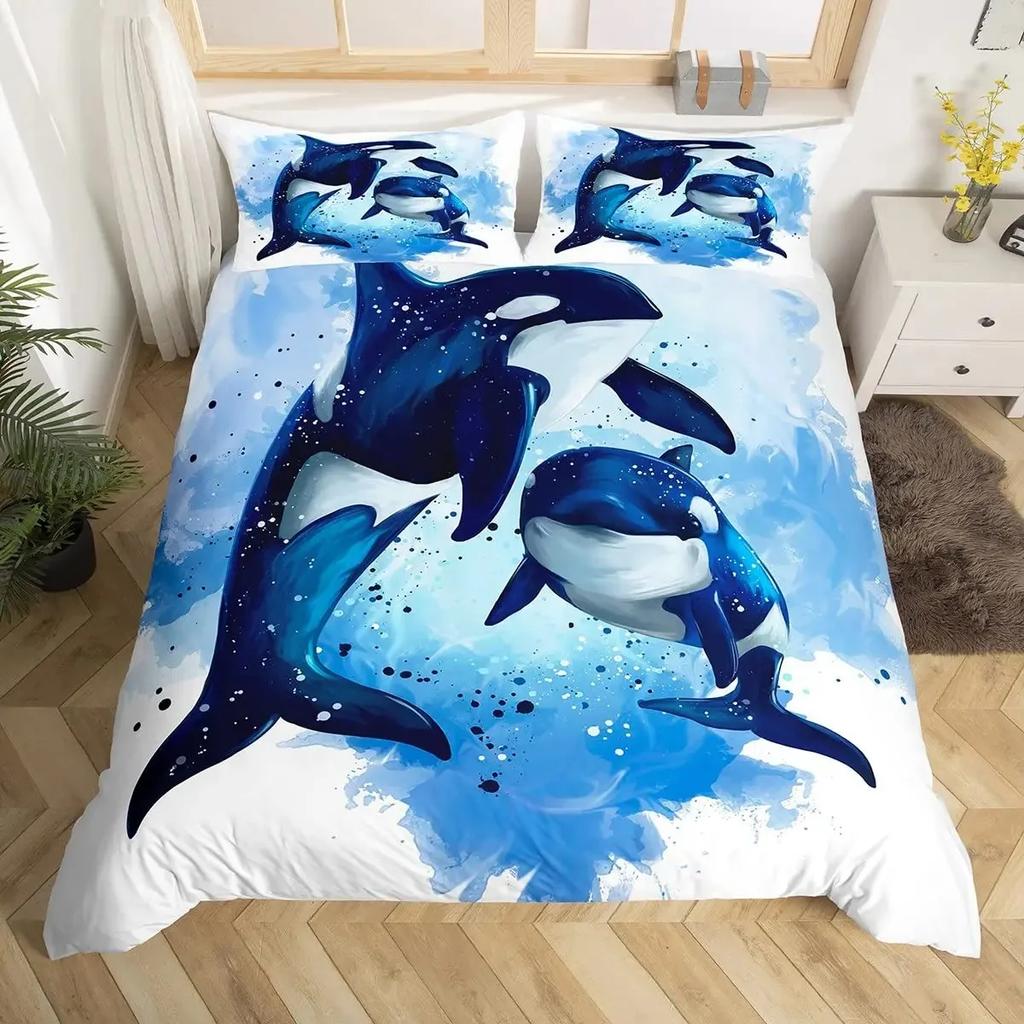 Killer Whale Nautical Ocean Whale Tie Dye Comfortable Duvet Quilt Cover Pillowcase Bedding Set Bedroom Decoration Home Textile