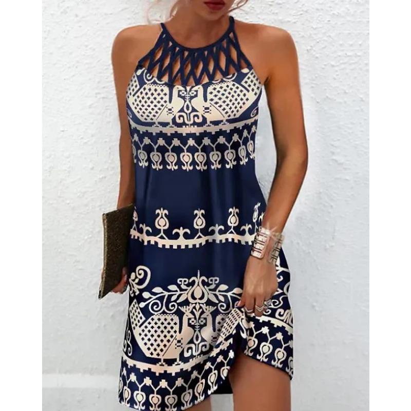 VEZFAA Women's Fashion Summer Spring Colour Block Print Sleeveless Middle Waistline Casual Dresses