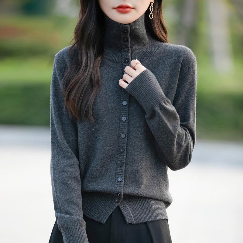 Women's Thick Knit High Collar Cardigan Sweater - Autumn/Winter Loose Long Sleeve Buttoned Jacket
