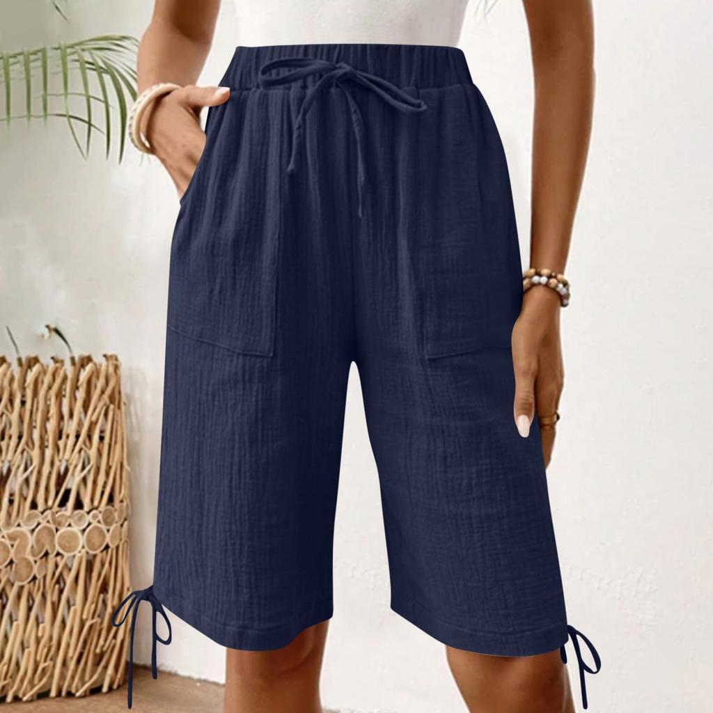 Women's Fashionable Color Elastic Waist Pocket Casual Loose Cotton And Linen Five Quarter Shorts