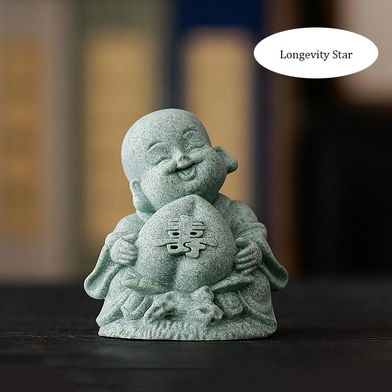 

Green Sandstone Fu Lu Shou Little Monk sculptures and figurines Cute Home Room Office Wealth Luck Feng Shui Decor statuette