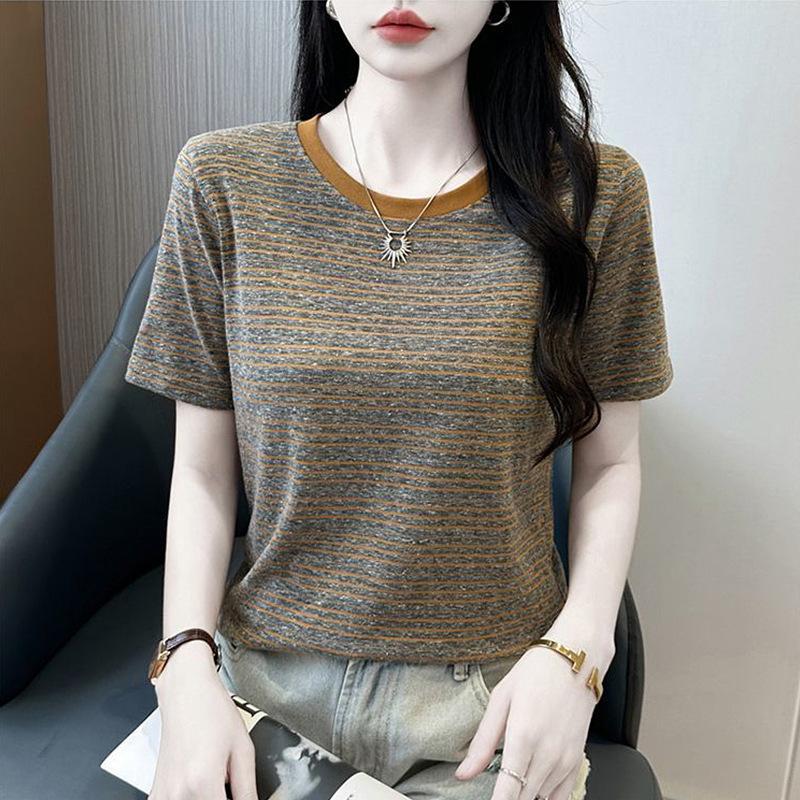 

Round Neck Striped Short-sleeved T-shirt Women s Summer Fashion Plus Size Shoulder Top Western Style XS дубильна кора