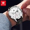 OLEVS Brand Fashion Moon Phase Quartz Watch for Men Leather Waterproof Luminous Calendar 24 Hours Multifunction Mens Watches