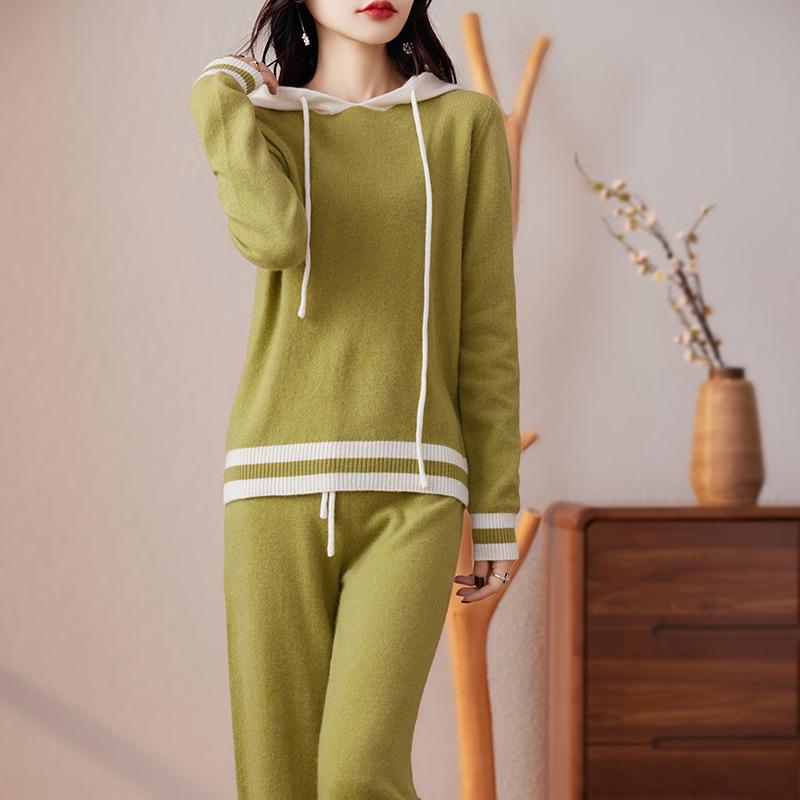 Women's Casual Color Block Hooded Wool Knit Sweatshirt & Long Pants Set - New Autumn Slimming Versatile Two-Piece