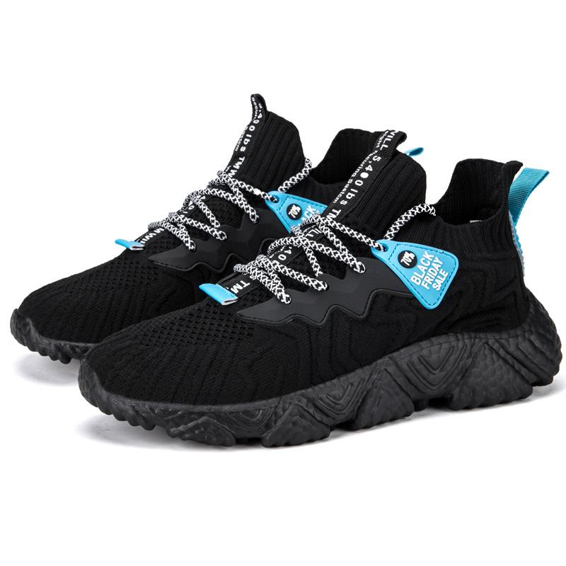 New low-top front lace-up fly-woven shoes, round head black thick-soled solid-color shoes.