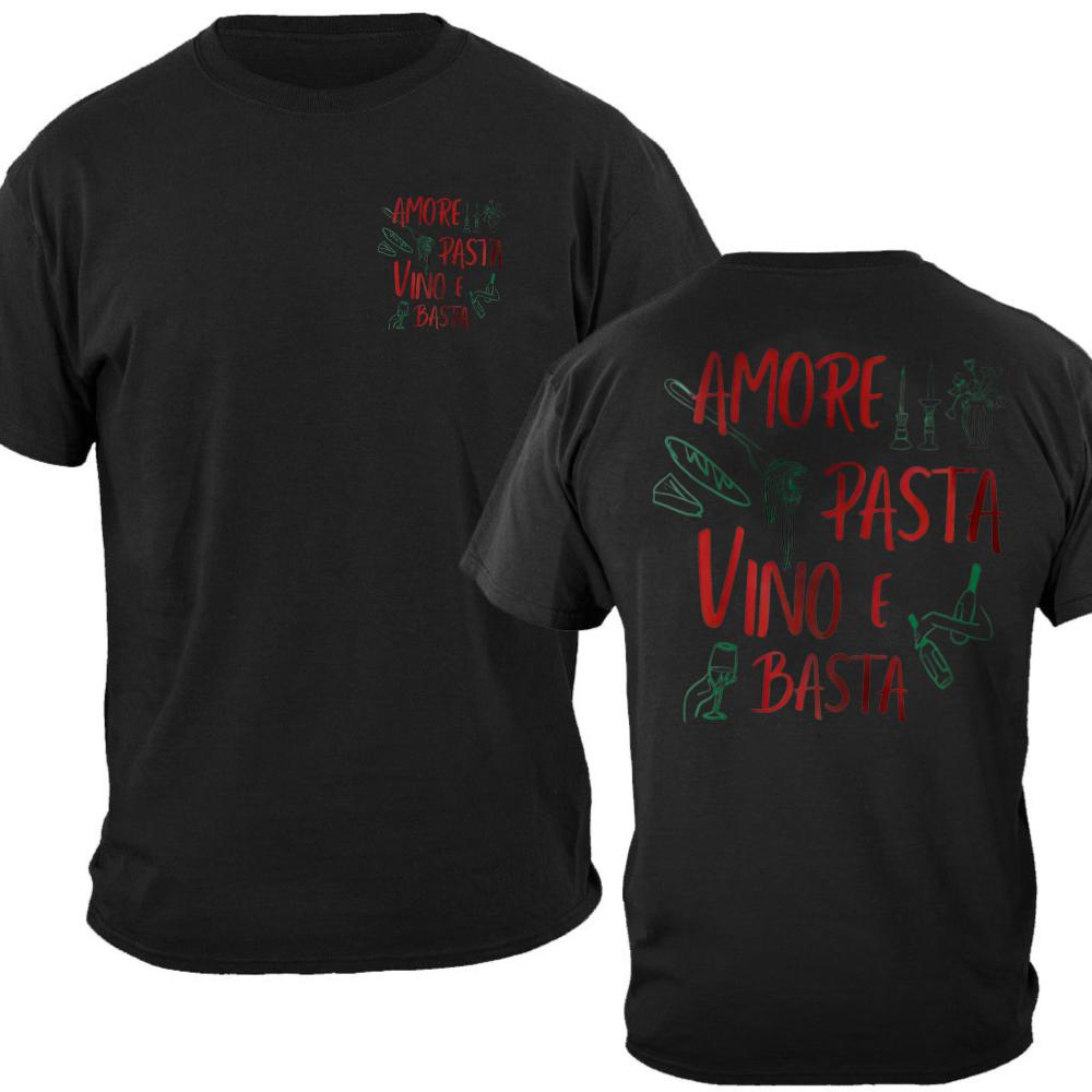 Amore Pasta Vino E Basta Double Sided Print TShirt Men Women Cotton Crew Neck Italian Food Graphic Casual Short Sleeve Gift