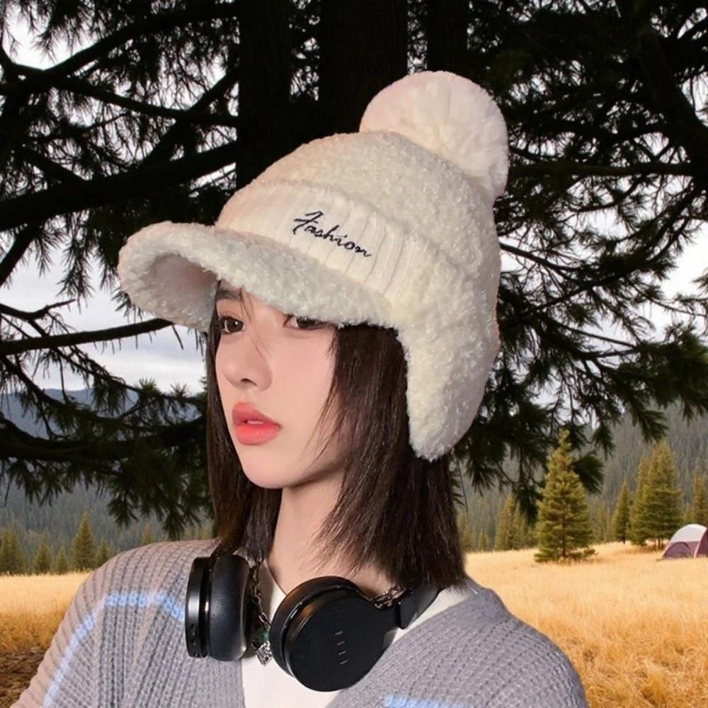 Solid Color Knitted Baseball Cap Thermal Ear Flap Protection Hat Pompom Plush Beanie Skiing