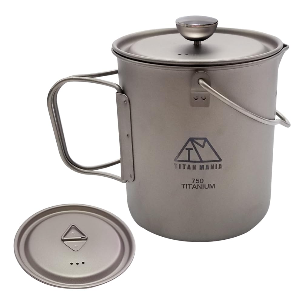 TITAN MANIA Coffee French Press Lid Set Folding Bail Coffee Press Coffee Camping Storage Bag Included - Titanium, 750ml, Lightweight, Handle, Handle,