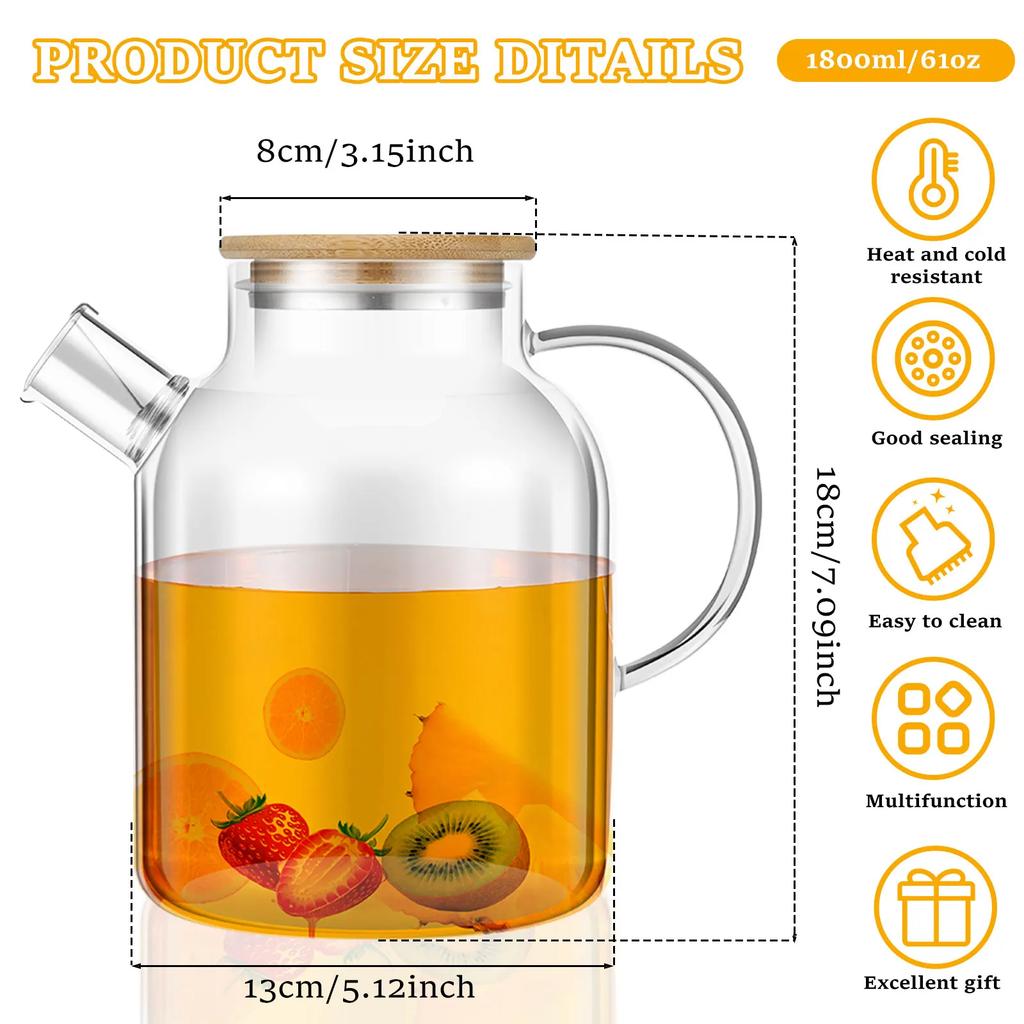 Glass Pitcher with Bamboo Lid 1800ml Glass Water Pitcher Heat Resistant Glass Jug with Handle Leafproof Glass Kettle with Nana
