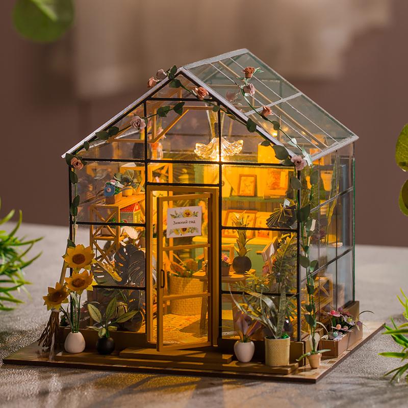 Wooden Miniature Dollhouse with LED Light Creative DIY Flower House Handmade 3D Puzzle Assembly Building Model Toys Doll Houses