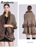 Women's Oversized Knit Poncho with Rabbit Fur Collar with Sherpa Lining for Fall Winter