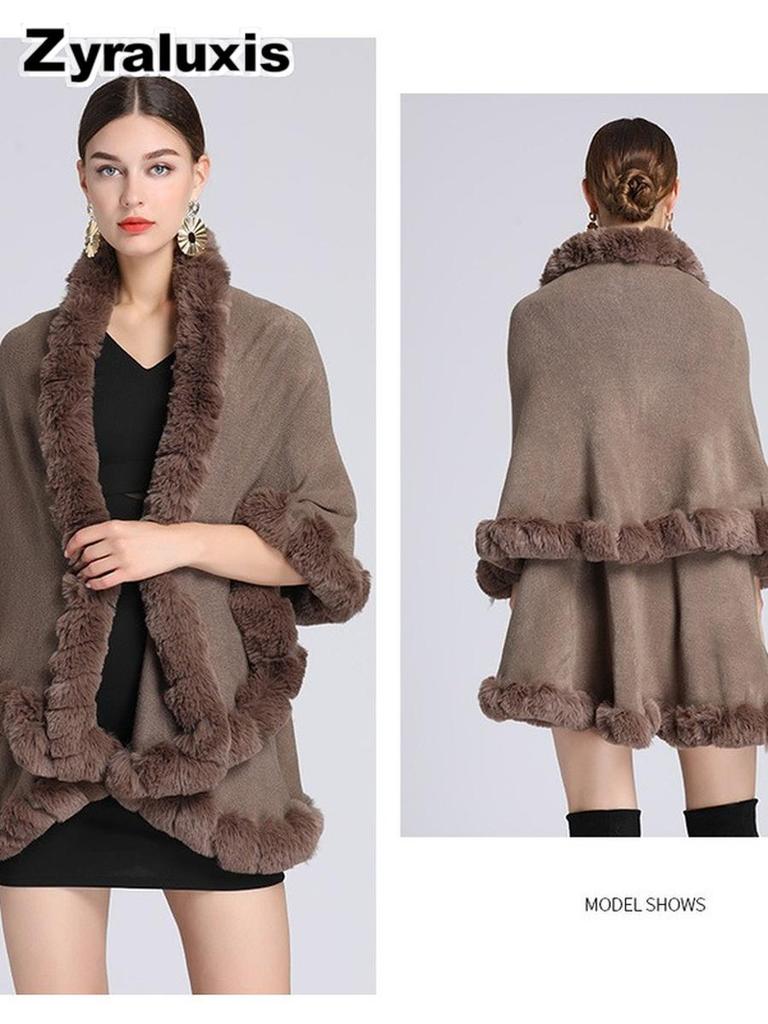 Women's Oversized Knit Poncho with Rabbit Fur Collar with Sherpa Lining for Fall Winter