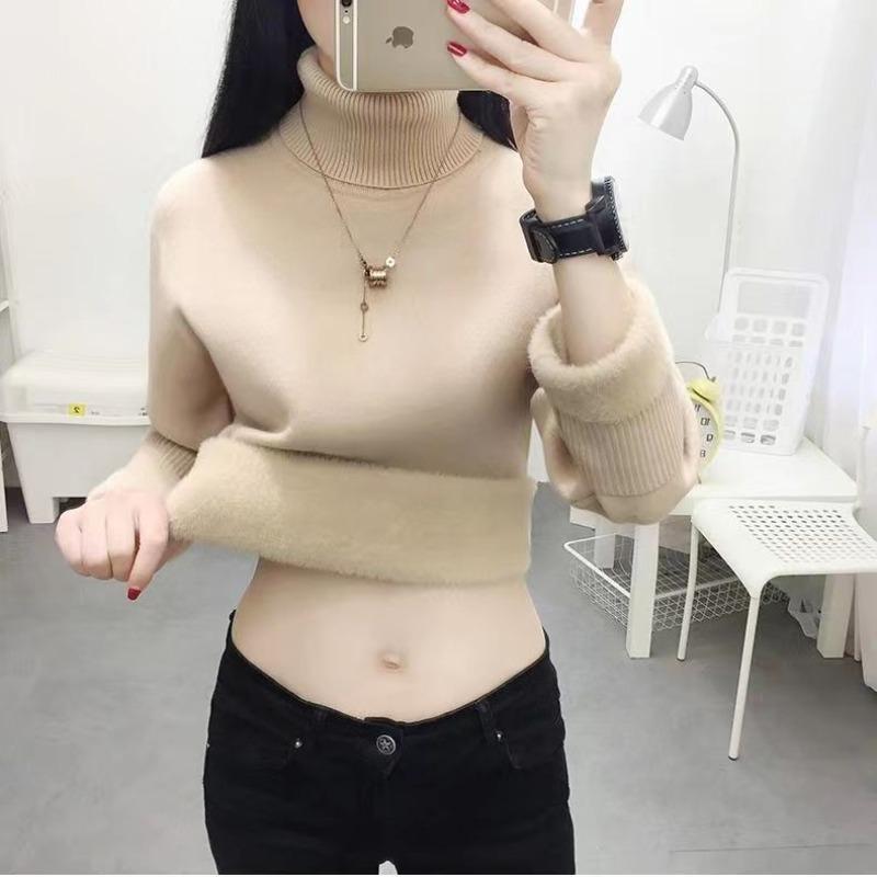 

Утепленная вязаная базовая рубашка с двумя лацканами для тепла и флисом внутри, с новым осенне-зимним интегрированным флисовым свитером для женщин One size абрикосовый