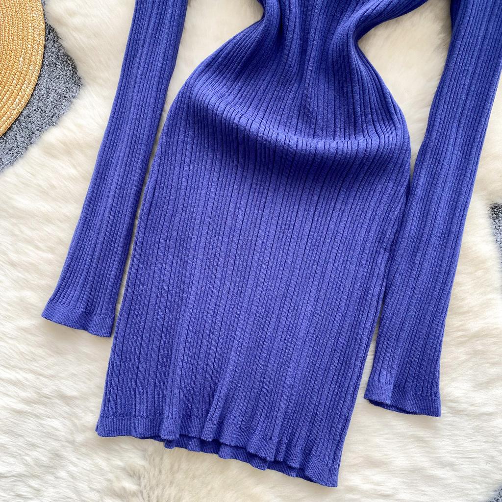 Spring Autumn Women Elegant Polo Collar Full Sleeve Knitted Sweater Mini Short Sheath Dresses