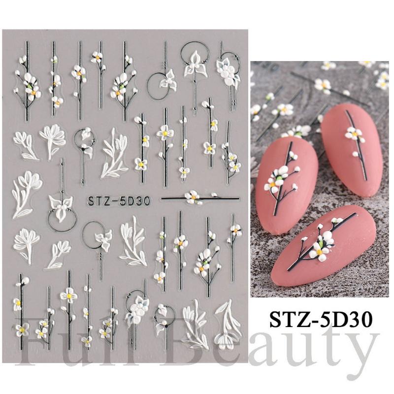 1 Sheet 5D Simple Flowers Nail Embossed Stickers Elegrant Wedding Design Adhesive Sliders Summer Textured Engraved Nail Decoration