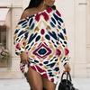Women Plus Size Off Shoulder Long Sleeve Geometric Print Loose Tunic Dress