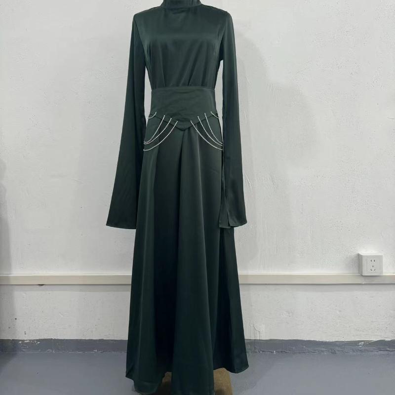 

Элегантное женское длинное атласное платье с полувысоким воротником и расклешенными рукавами, вечернее платье, однотонные узкие вечерние платья для женщин S темно-зеленого