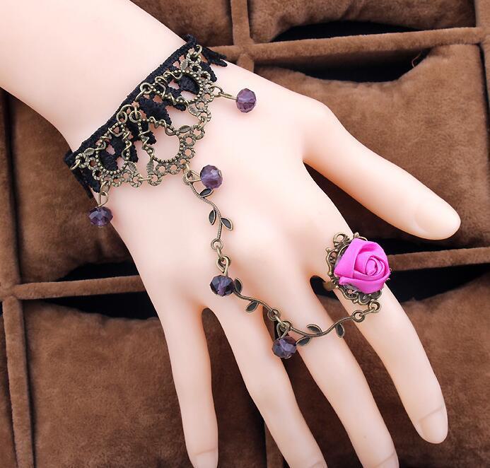 Retro Lace & Crystal Lolita Bracelet-Ring Chain