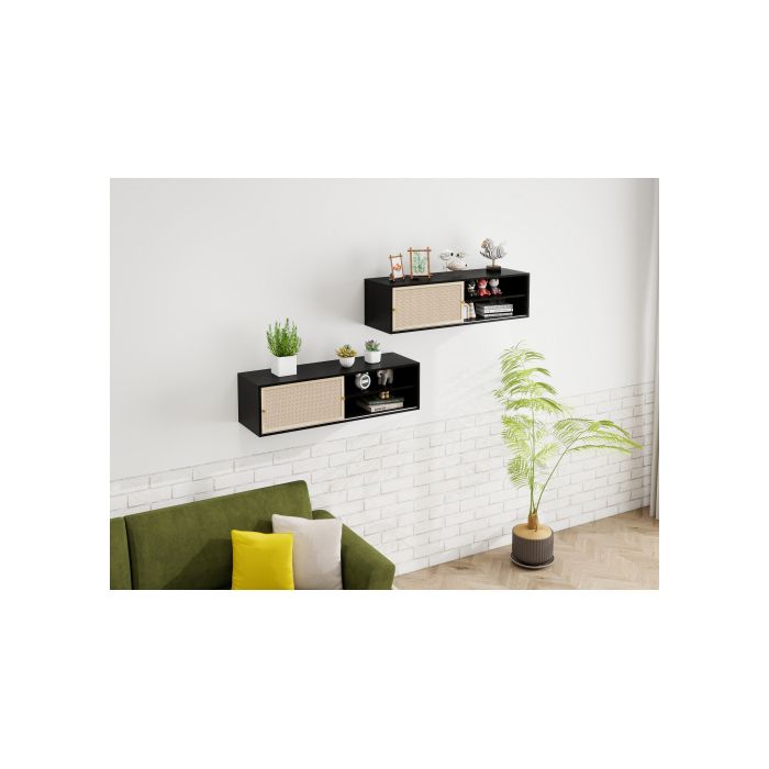 Une Armoire Murale Rectangulaire Noire Avec Portes Coulissantes Gauche-droite, Finition En Rotin Tressé, Longueur 110 Cm.