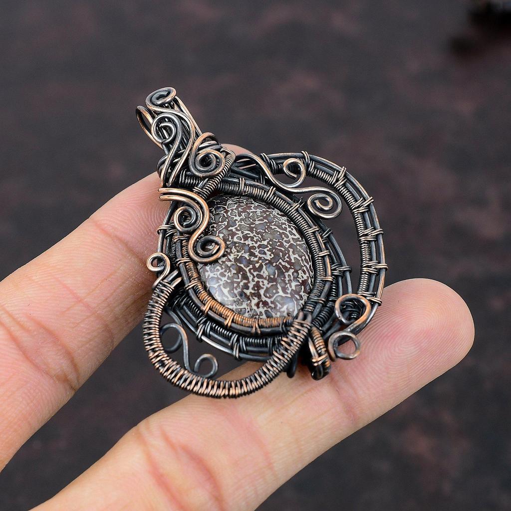 Dinosaur Bone Gemstone Pendant Copper Wire Wrapped Pendant Unique Copper Jewelry Handmade Boho Pendant Wire Wrapped Jewelry Anniversary Gift