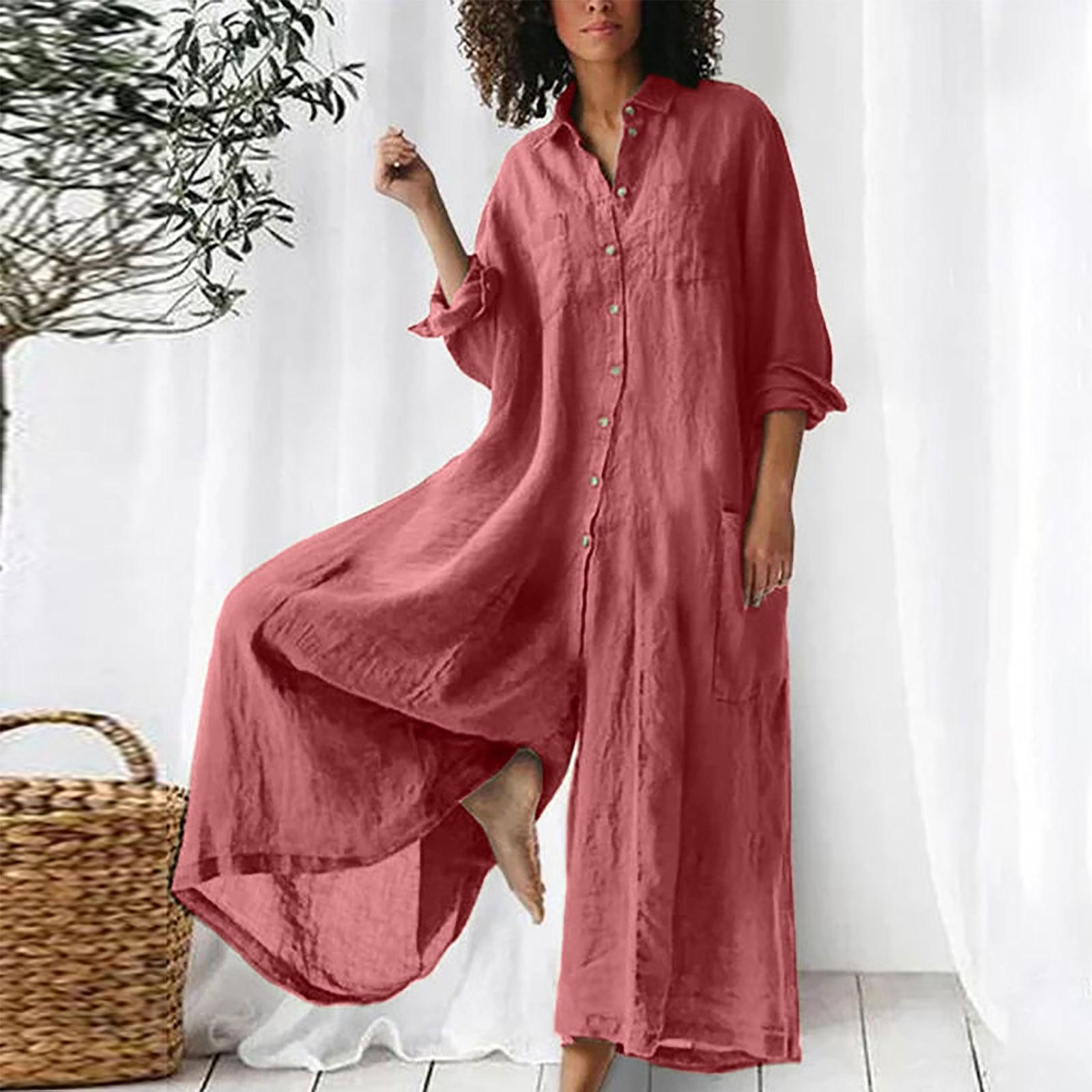 Women s Jumpsuits Summer Casual Loose Cotton and Linen Wide-leg Jumpsuits Clothes Sale S