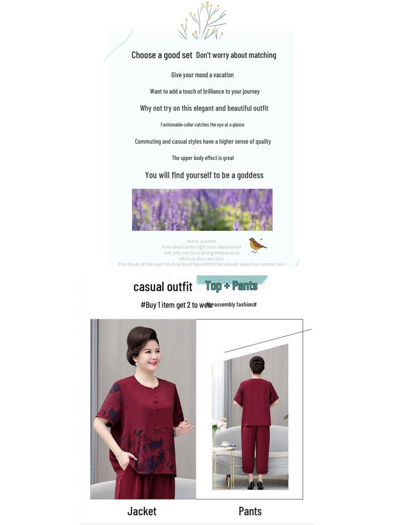 Set de vară cu mânecă scurtă pentru femei de vârstă mijlocie și în vârstă - ținută lejeră de slăbire din două piese