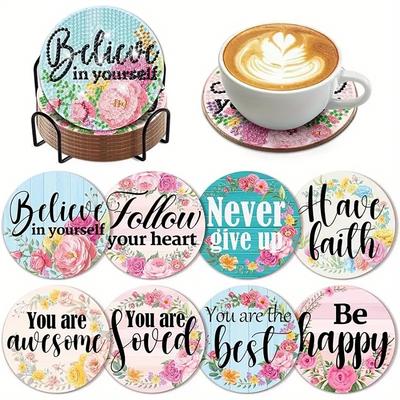 8 Pieces/set of Text Pattern Diamond Painted Coasters Set with Holder DIY Coasters for Beginners and Adults, Art and Craft Supplies Gifts