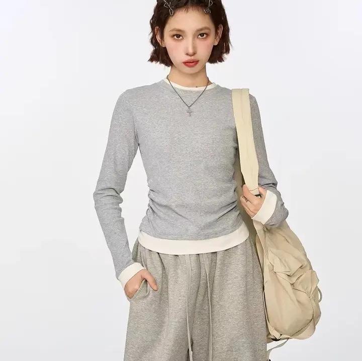 Black Faux Two-Piece Long-Sleeve T-Shirt - 2024 Spring/Autumn Pleated Color Block Slimming Fashion Top