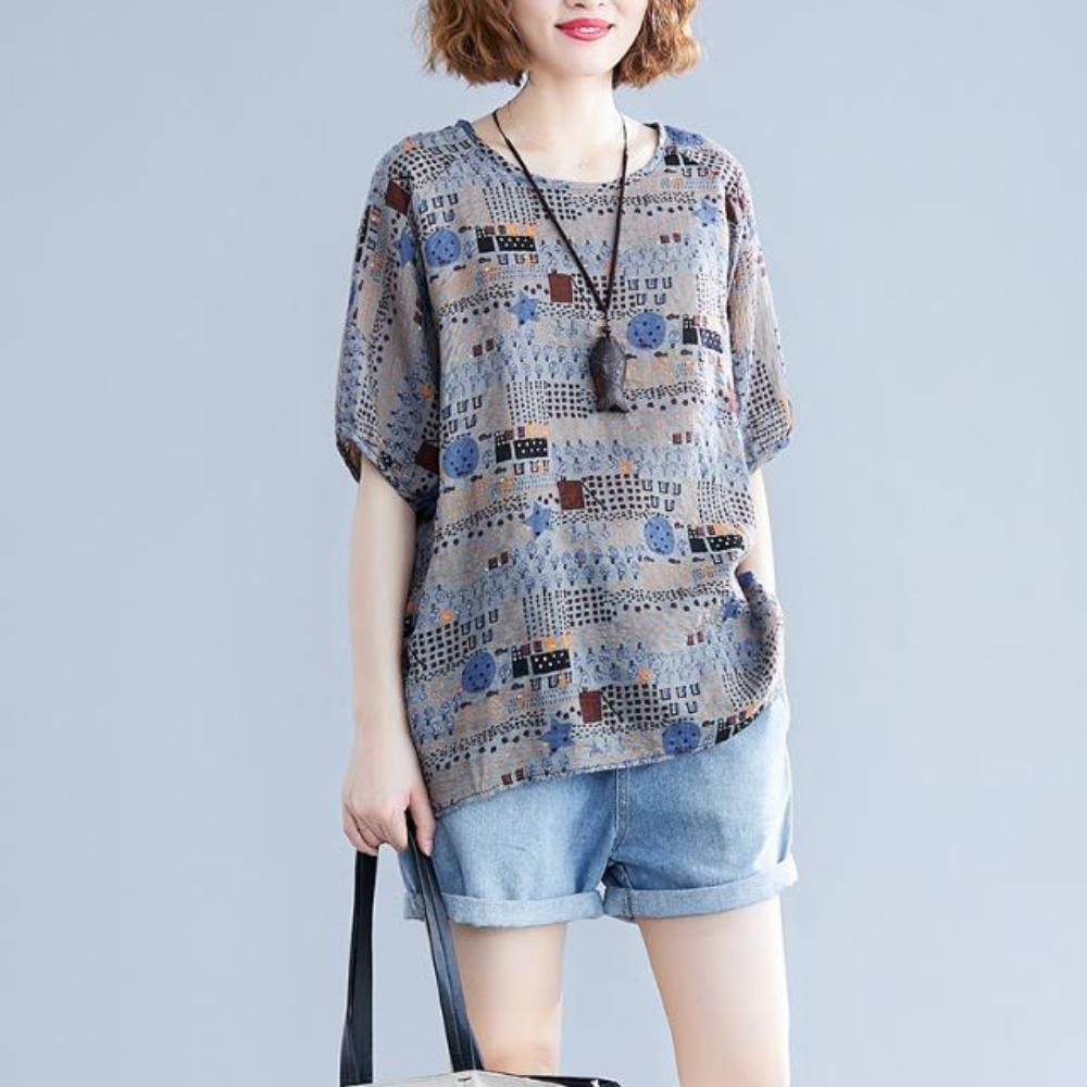 Women Fashionable Loose Literary Summer Clothing Cotton Linen Round Neck Short-sleeved T-shirt Top New Style