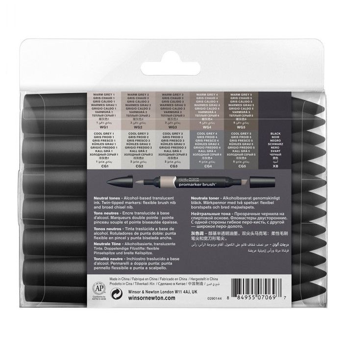 Lot de 12 + 1 feutres promarker brush - tons neutres - winsor et newton
