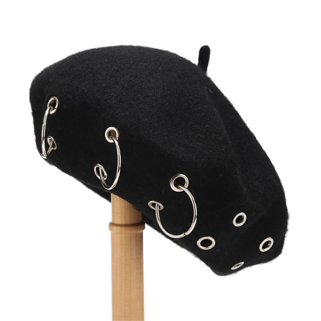 Women's woolen personalized iron ring eyelet hip-hop beret