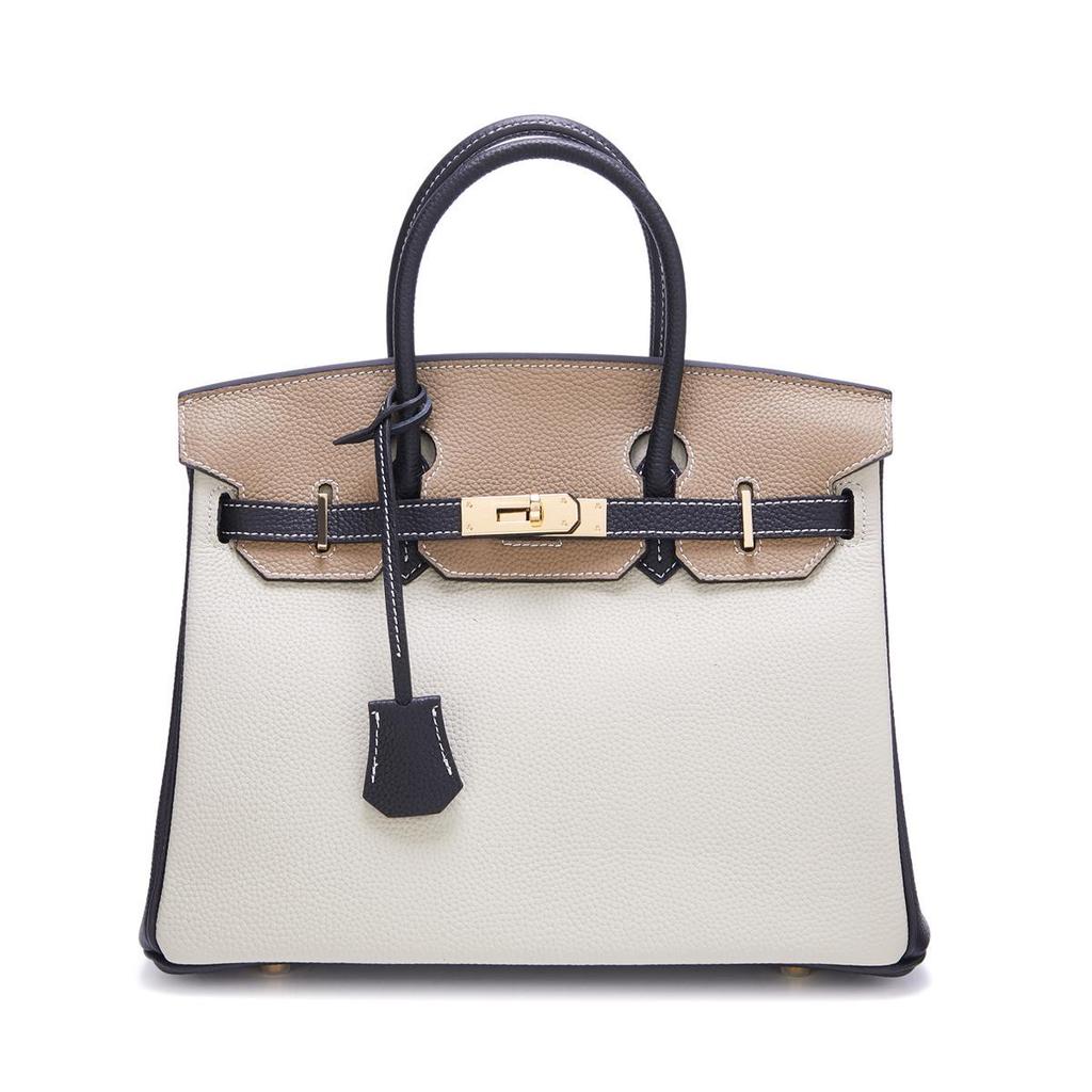 Color Block Genuine Leather Platinum Bag: Large Capacity Togo Cowhide Handbag with Lock - Fashion Shoulder Crossbody