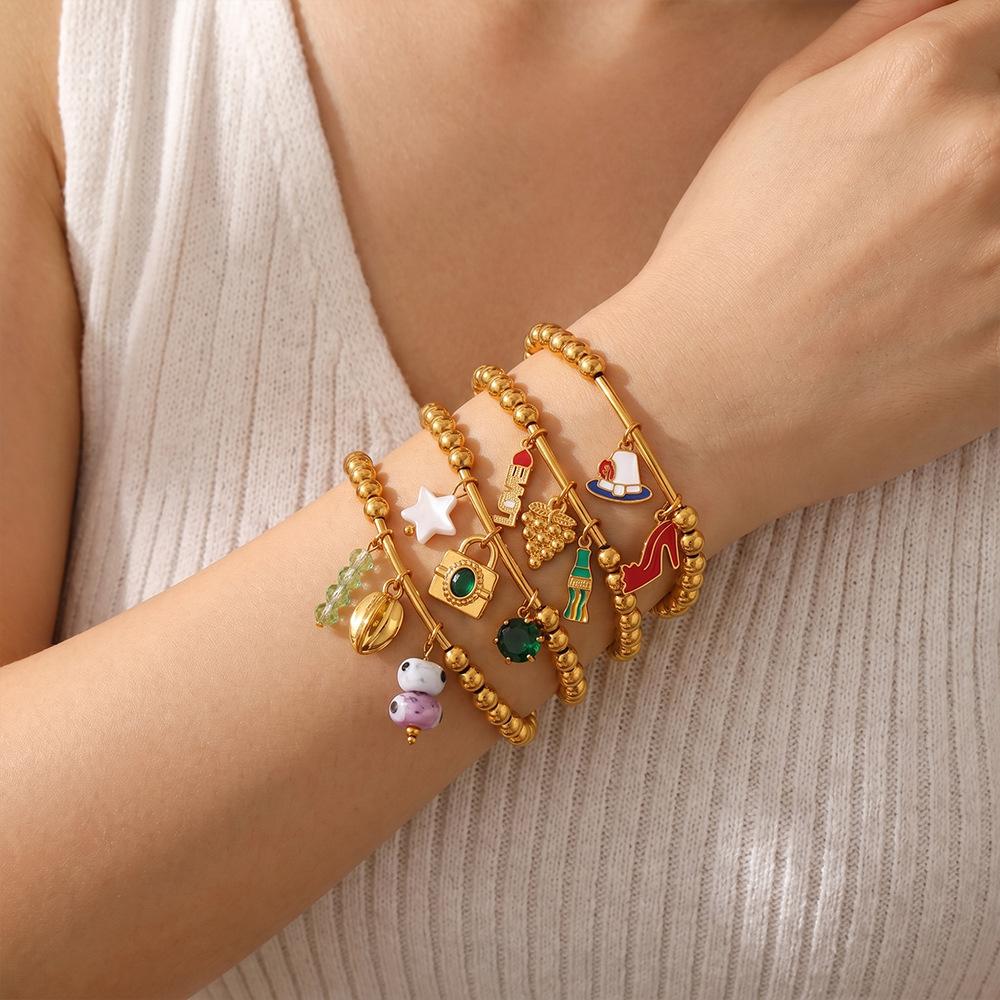 Sweet Wind DIY Ceramic Pearl Pendant Gold Bead Bracelet Stainless Steel Gold Plated Jewelry