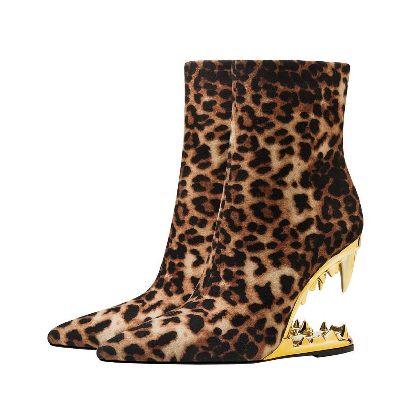 Fashion Kaky's New Leopard Print Pointed Toe High Heel Wolf Teeth Slope Heel Large Women's Boots Short Boots