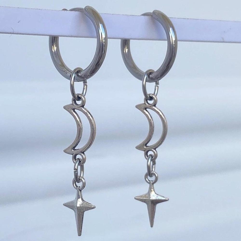 Y2K Hip-hop Silver Color Star Moon Dangle Hoop Earrings for Men Women Stainless Steel Gothic Punk Celestial Jewelry Accessories
