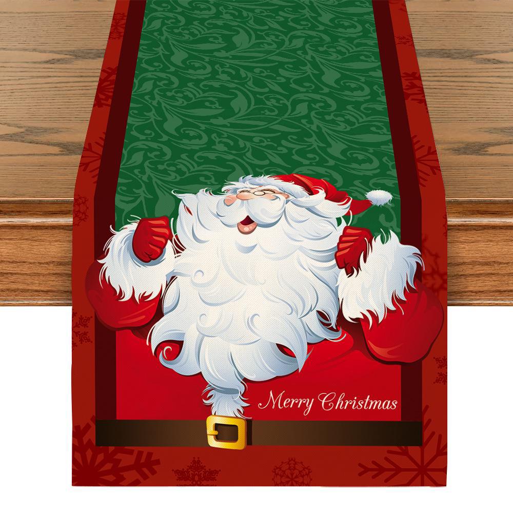 Bandera de Mesa Navideña de Lino con Estampados de Muñeco de Nieve y Papá Noel - Decoraciones Festivas para Mantel