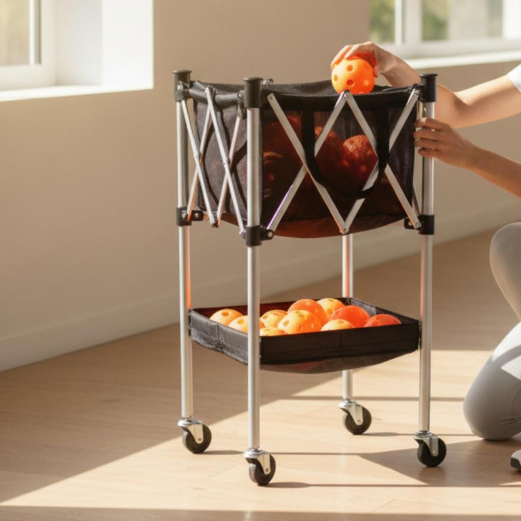 Pickleball Basket Cart with Wheels Compact Foldable Ball Hopper Long-Lasting