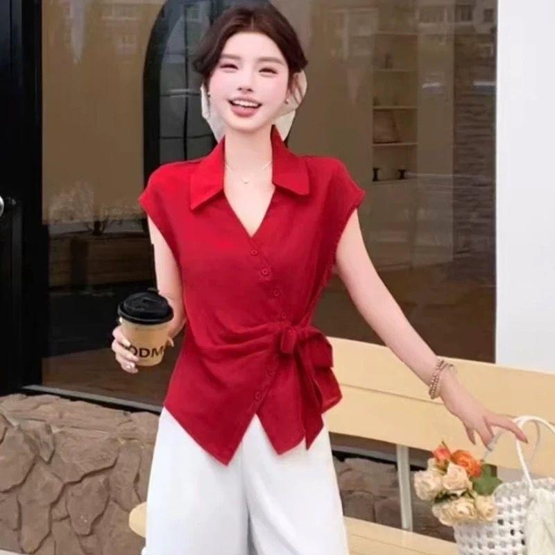 

Трендовая повседневная рубашка с коротким рукавом и завязками для женщин, лето, новые стильные универсальные блузки L красный
