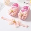 Wwo-piece Set Baby Girls Glitter Star Tulle Bow Crib Shoes & Matching Elastic Headband Set, Soft Dot Anti-Slip Sole Mary Jane Princess Shoes