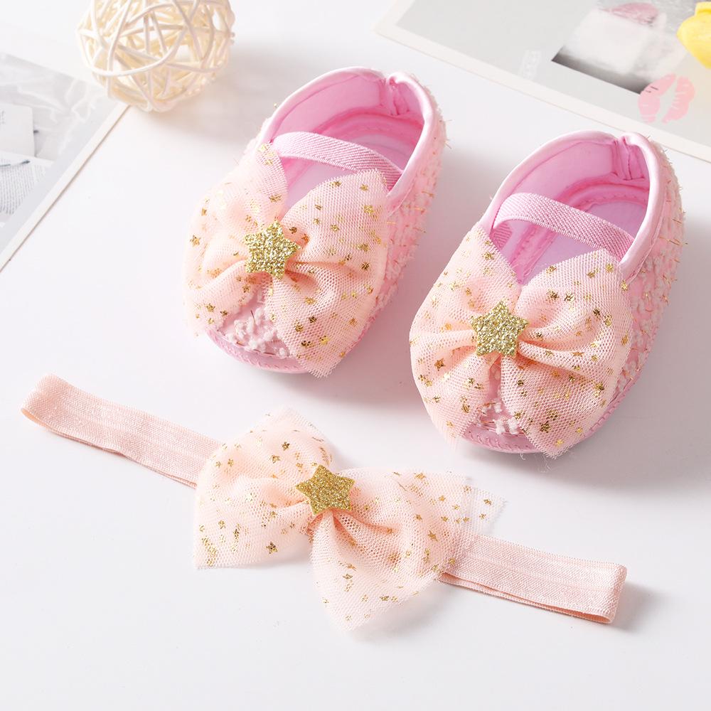 Wwo-piece Set Baby Girls Glitter Star Tulle Bow Crib Shoes & Matching Elastic Headband Set, Soft Dot Anti-Slip Sole Mary Jane Princess Shoes