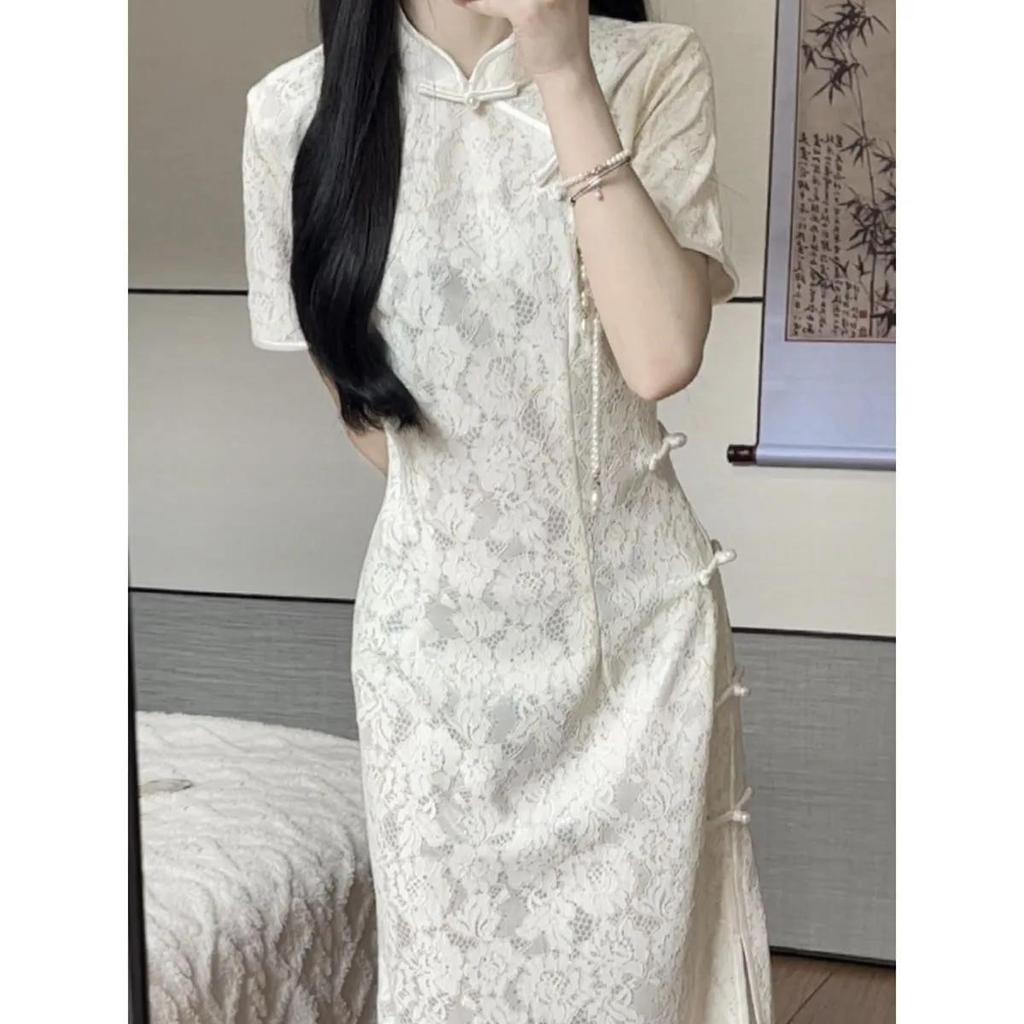Dámské jarní a letní nové čínské temperamentní čcheongsam elegantní krajkové společenské šaty