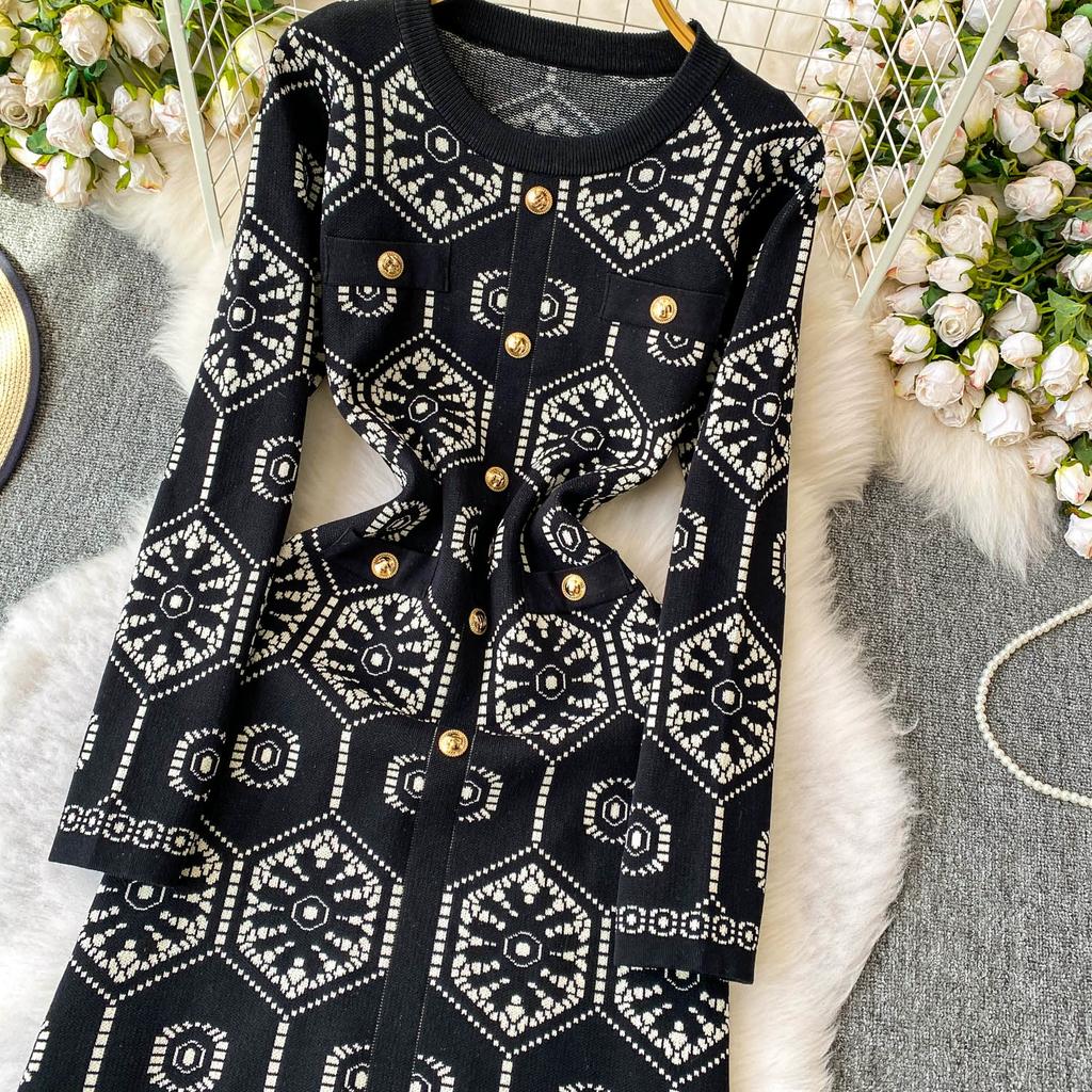 Autumn Winter Women Vintage Print Full Sleeve Knitted Sweater Pullover Dresses With Tassel