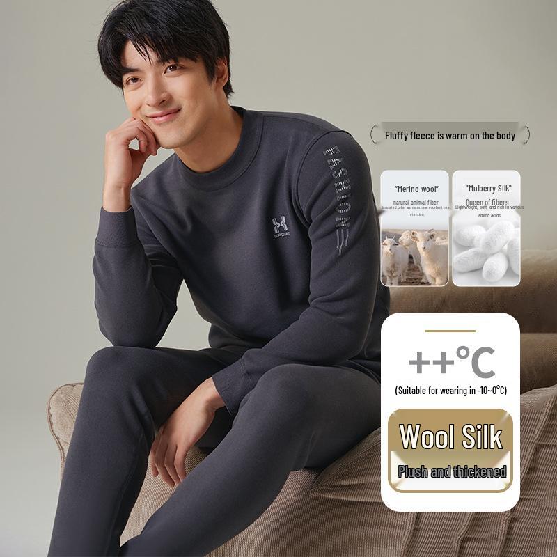 Men's Teen Fleece-Lined Thermal Set: Extra Thick Crew Neck Top & Trousers for Autumn/Winter Wear.