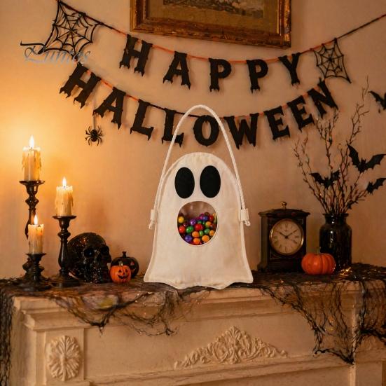 Lightweight Candy Carrier Halloween Ghost Bag for Kids, Cute Fabric Treat or Trick Decorative Holiday Tote with Handle, Spooky Snack Goodie Bags Party